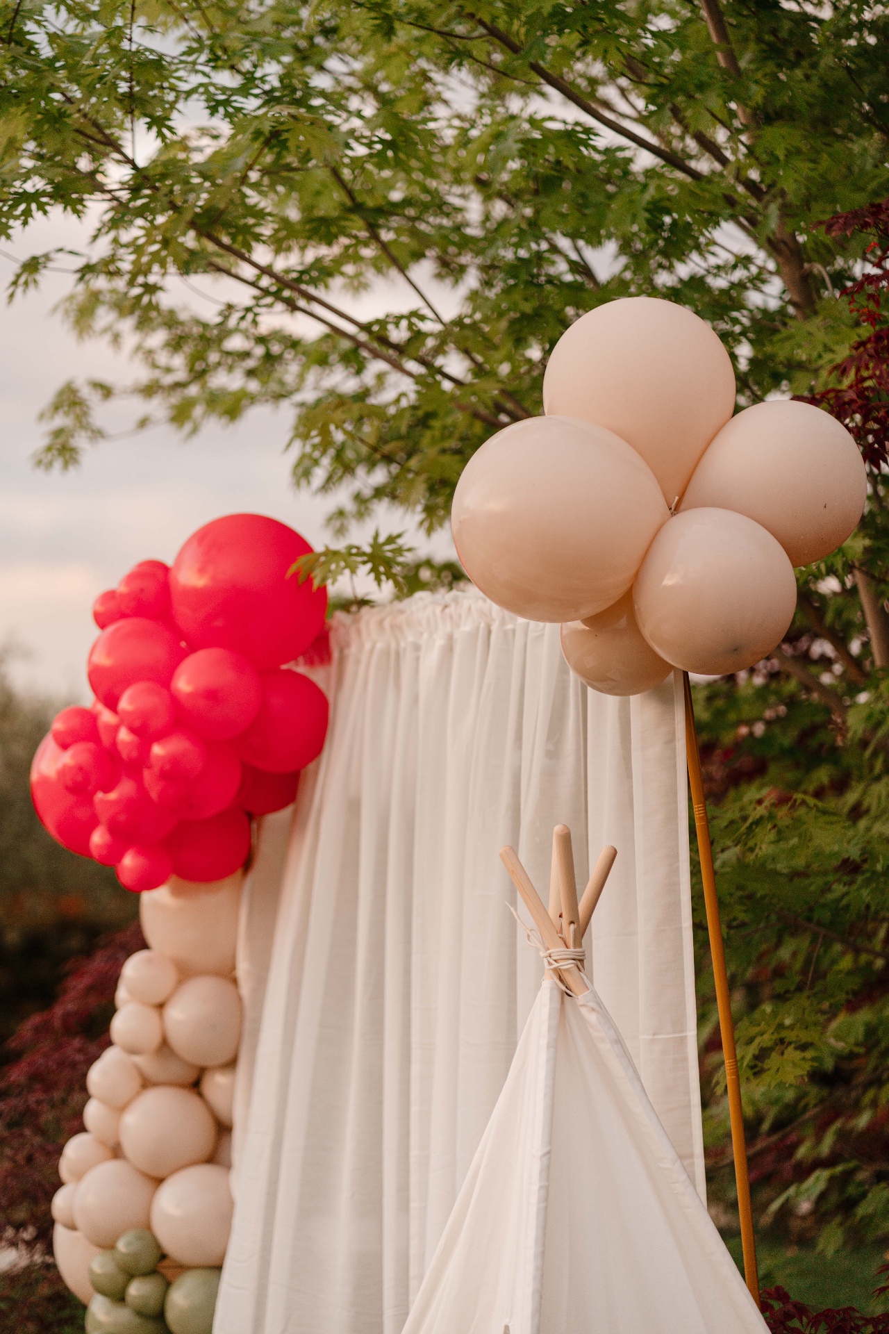 Dettaglio palloncini corallo, cipria e salvia tra gli aceri